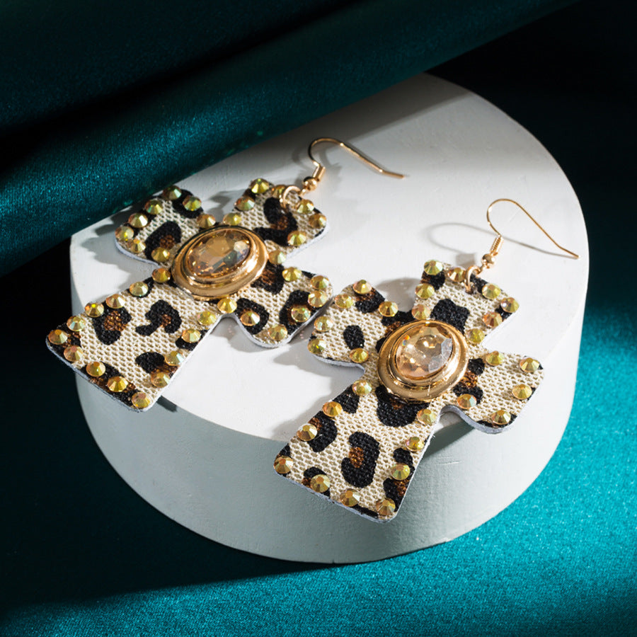 Wholesale Leopard Leather Vintage Alloy Diamond Cross Earrings